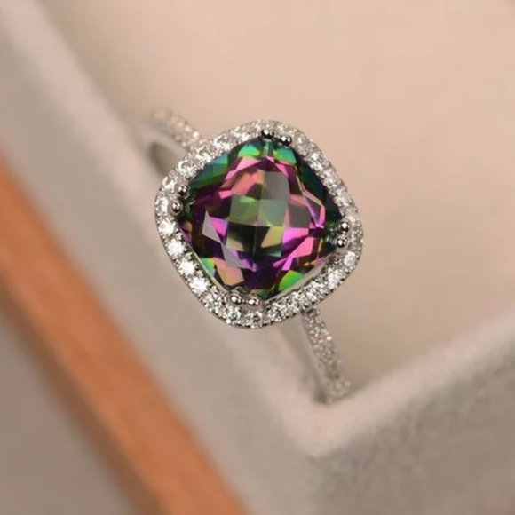 Sterling Silver Rainbow Topaz Diamond Halo Ring